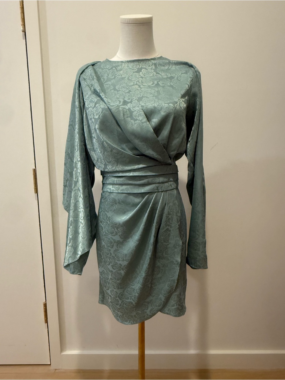 Ronny Kobo Collection Sage Green Draped Jacquard Mini Dress